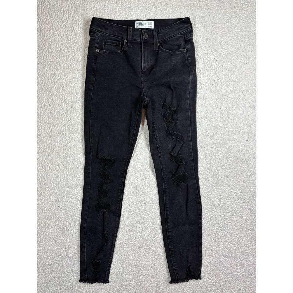 Mudd FLX Stretch Mid Rise Vintage Skinny Jean Size 3 Black Distressed Frayed Hem